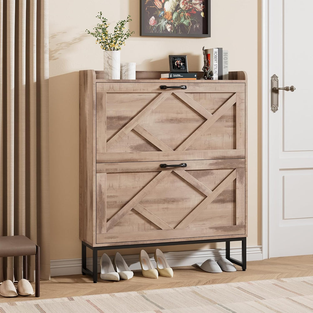 Nicetree Shoe Cabinet with 2 Flip Drawers，Freestanding Shoe Storage Cabinet, ...