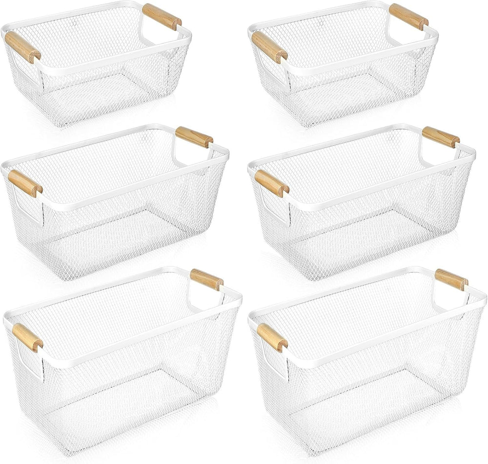 Maxcheck 6 Pack 3 Size Metal Wire Baskets with Wood Handles, Cream White