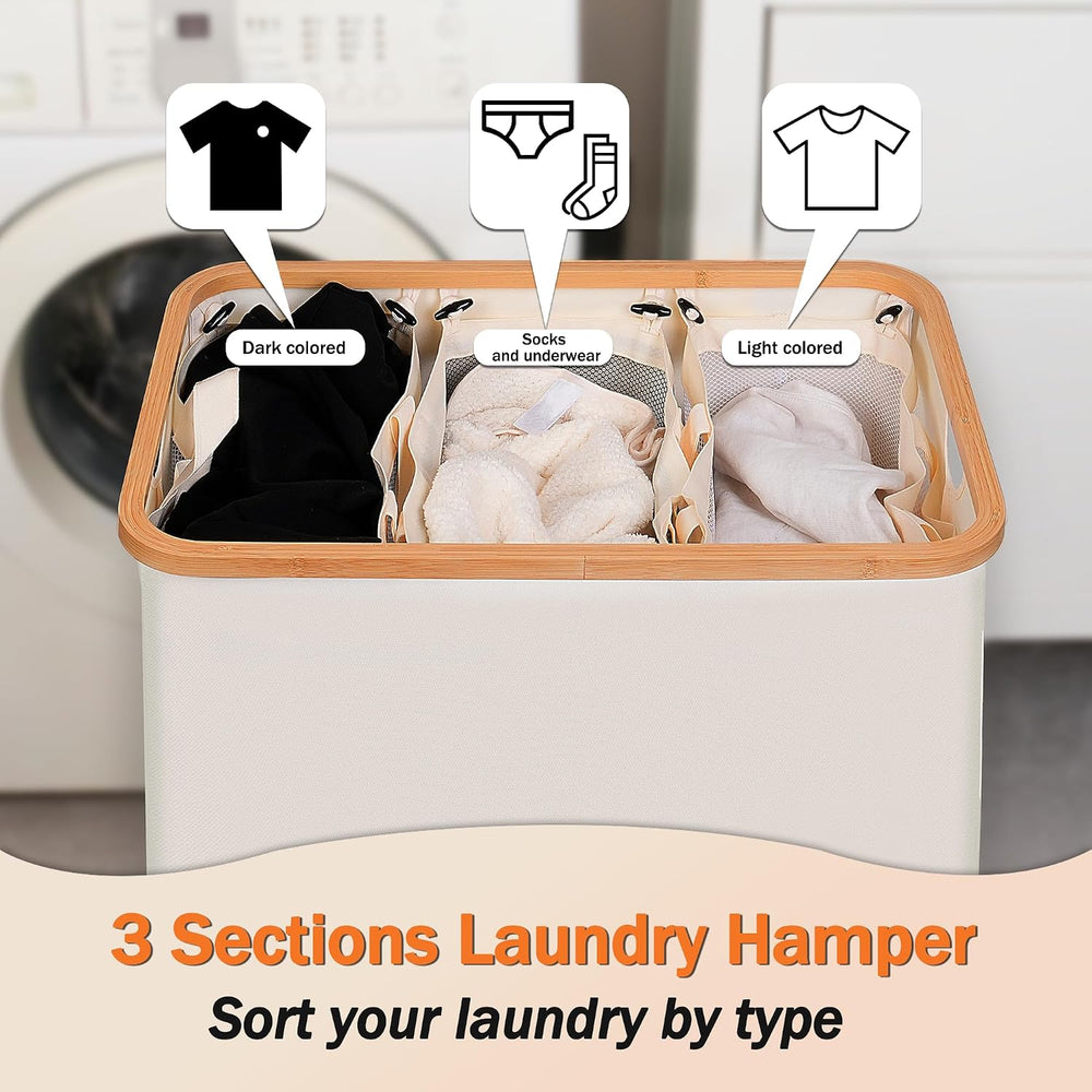 efluky Laundry Hamper 3 Section with lid and 3 Removable Bags, Beige