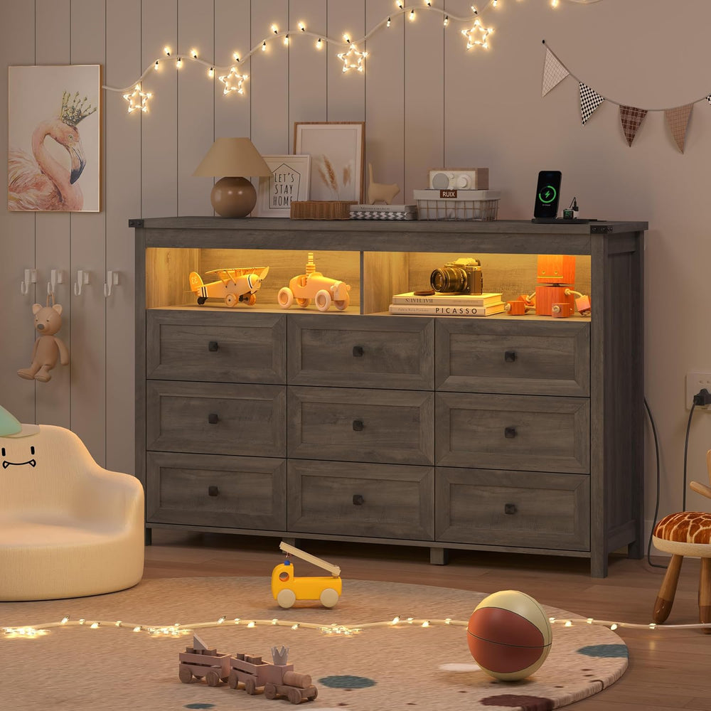 Wodeer 9 Drawer Dresser for Bedroom with LED Lights, Charging Station, Wood C...