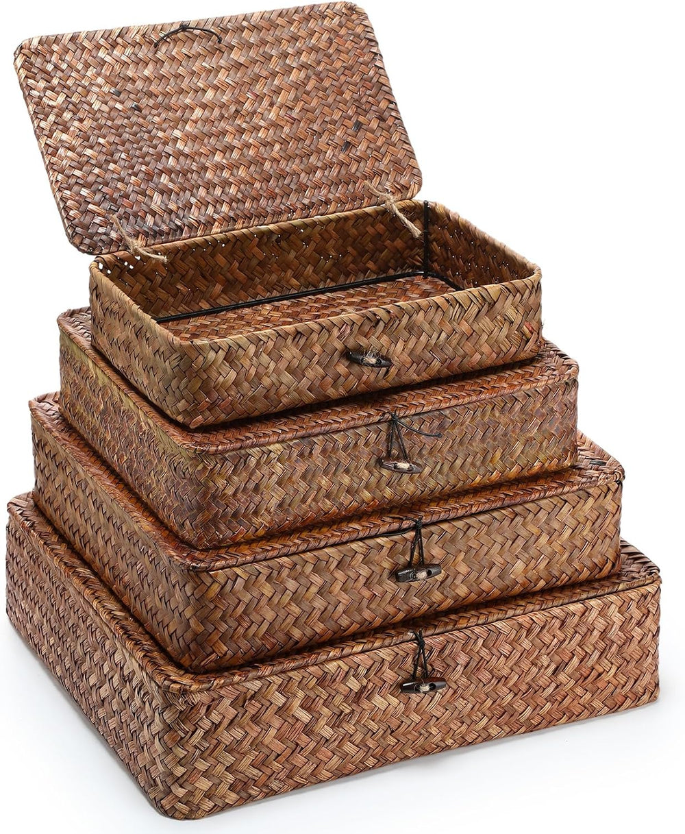 Didaey Set of 4 Seagrass Basket with Lid Wicker Storage Basket Decorative Sto...