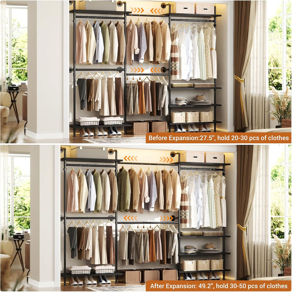 Aheaplus Industrial Pipe Clothing Rack, Expandable Garment Rack, Closet Syste...