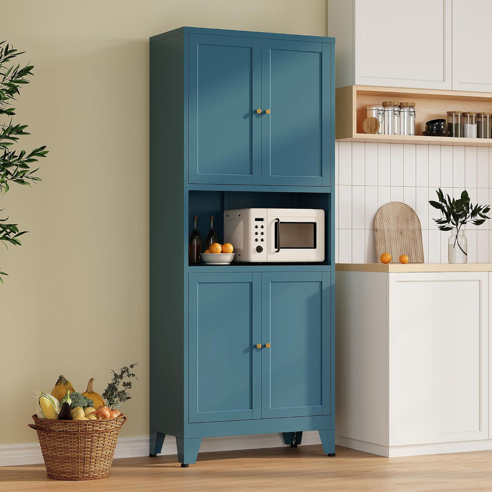 Metal Pantry Cabinet, Tall Kitchen Cabinet with 4 Doors & Adjustable Shel...