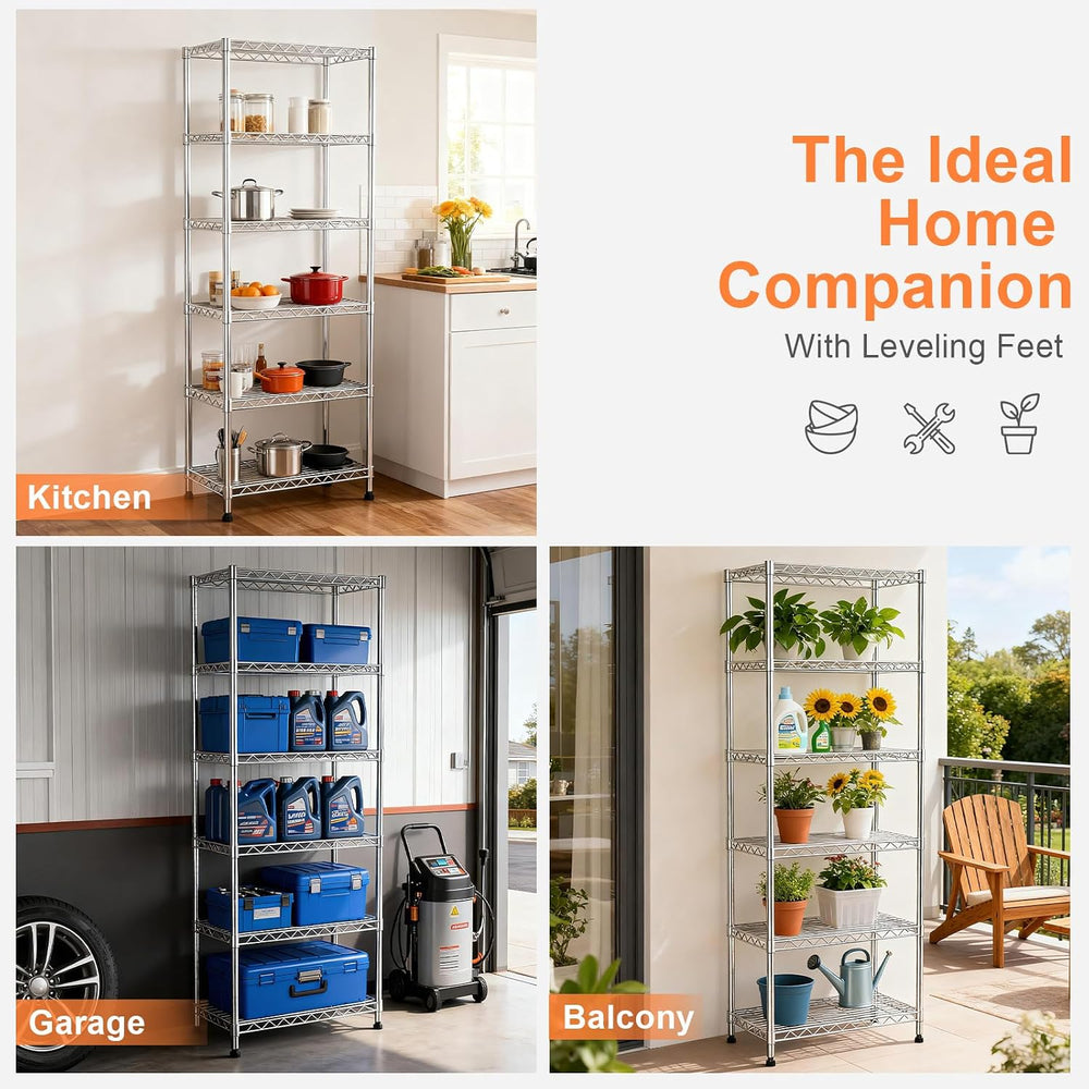 6-Tier Wire Shelving Unit,Metal Shelf Racks with Lockable Wheels,Chrome