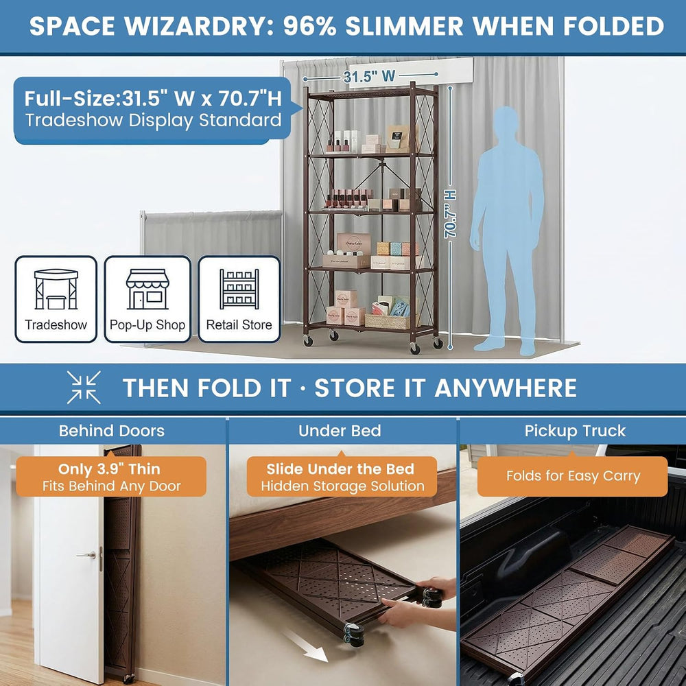ALANNG 70.7" H Metal Storage Shelves, 5 Tier Folding Shelf on Wheels