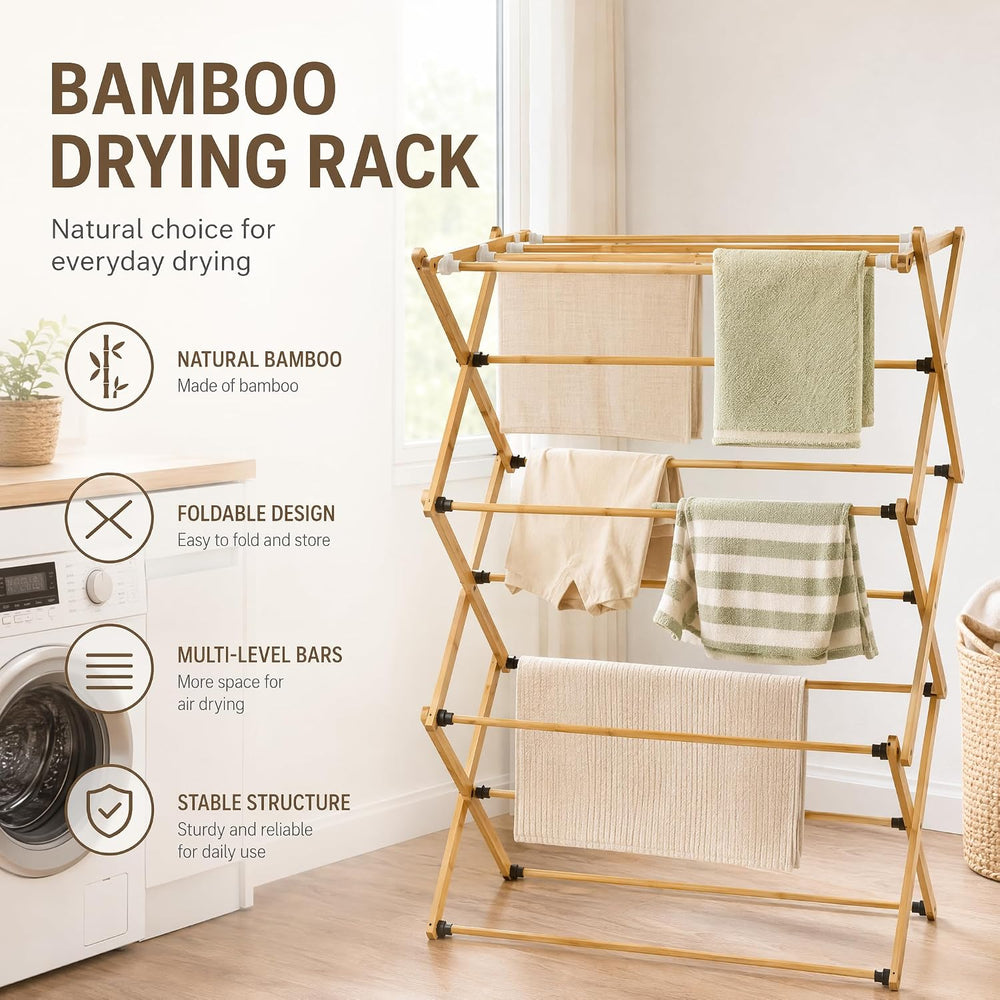 Bamboo Clothes Drying Rack, 3-Tier Tall Laundry Drying Rack