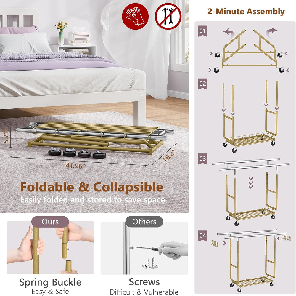 Hoctieon 2-Minute Assembly Double Rod Clothes Rack, Heavy Duty Rolling Clothi...
