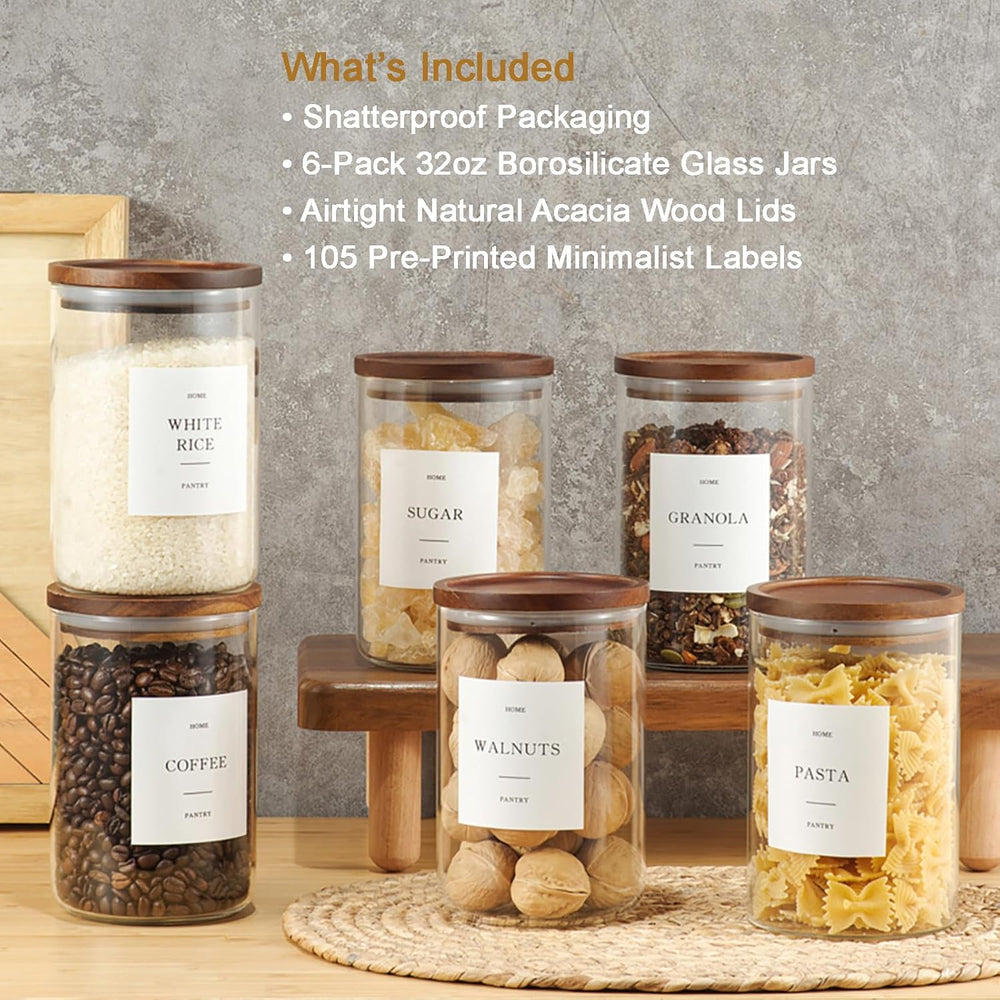 6 Pack Glass Jars with Acacia Lids, 32oz Pantry Airtight Storage Containers