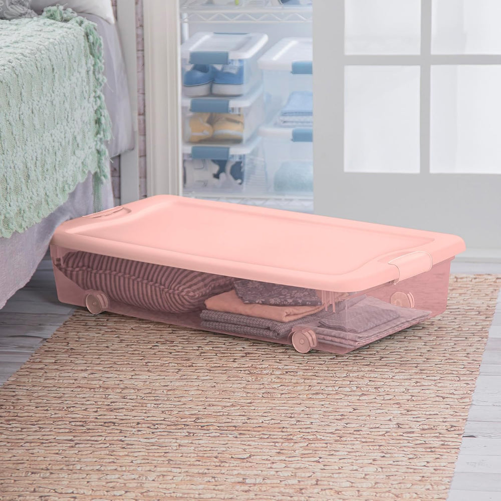 Sterilite 12 Pack Wheeled Under Bed Storage Container, 56 Qt Plastic Bin w/La...