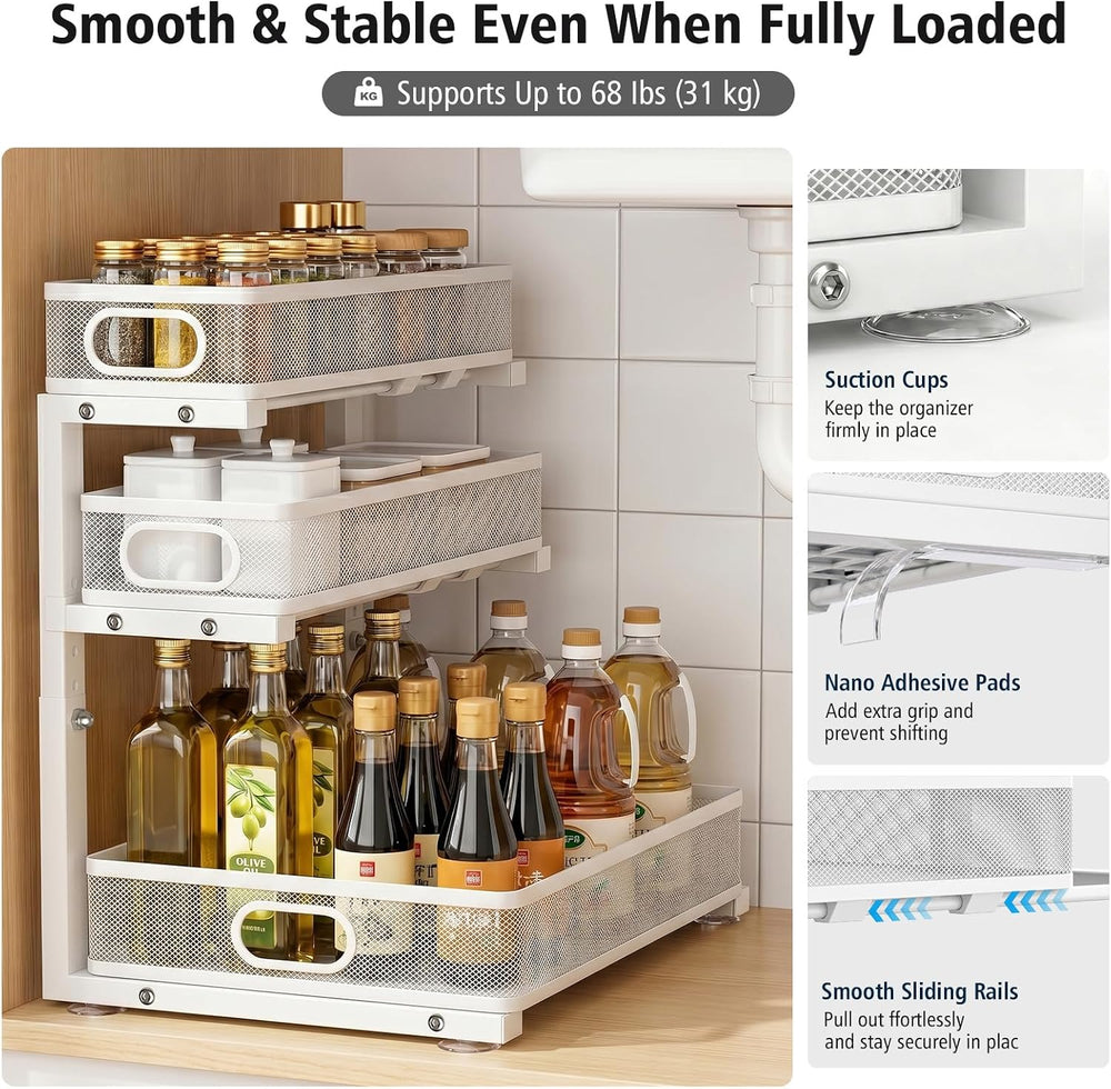 Under Sink Organizer, 3 Tier Pull Out Cabinet Organizer with 5 Adjustable Hei...