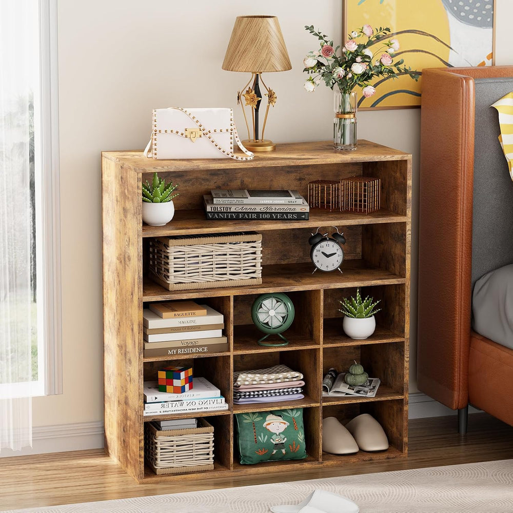 9-Cubby Shoe Rack, Wood Shoe Organizer Bench for Entryway Hallway Closet