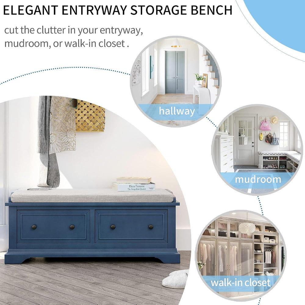 Storage Bench,Solid Wood Shoe Bench with Two Large Drawers and Removable Cush...