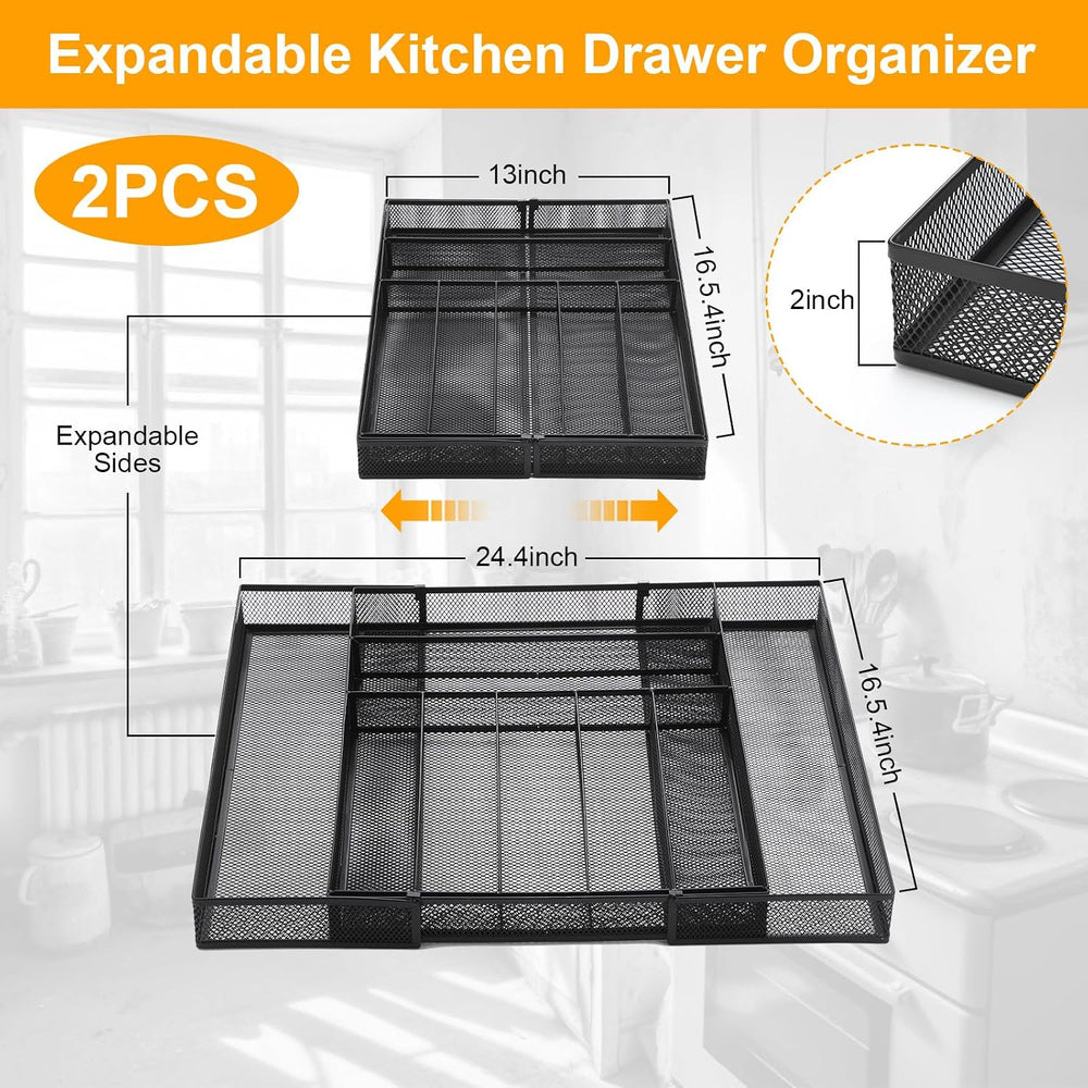 2 Pcs Utensil Drawer Silverware Organizer, Metal Mesh Expandable 13" ~24...