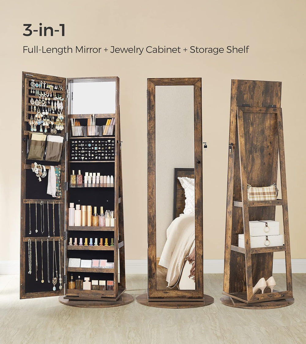 SONGMICS 360° Swivel Jewelry Cabinet, Full-Length Mirror, Lockable