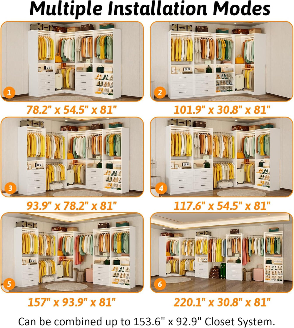 Closet System of 4 Set, 8.5FT-18.5FT Closet Organizer Systems with 6 Drawers ...