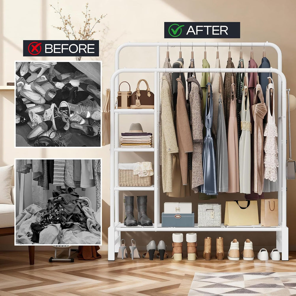 Clothes Rack for Hanging Clothes, Clothing Rack with shelves, White