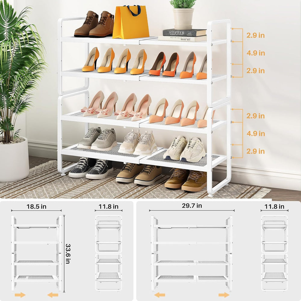 Expandable Metal Shoe Rack for Closet, Entryway & Garage, 4-Tier, White