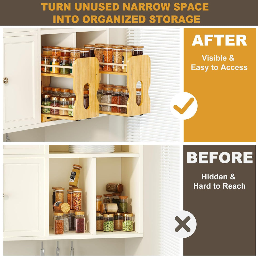 Bamboo Pull-Out Spice Rack for Cabinet, 5.12" Narrow 2-Tier Organizer