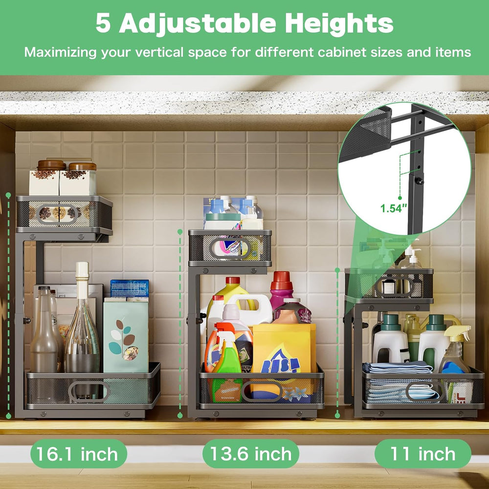 Under Sink Organizer 2 Pack, High Adjustable 2 Tier Under Sink Organizers and...