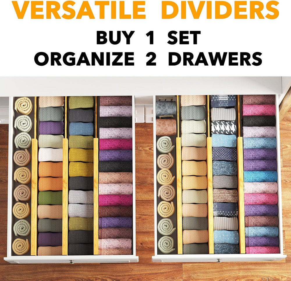 SpaceAid Bamboo Dresser Drawer Dividers 6 Pack, 4.65“ High Adjustable 17“-22”...