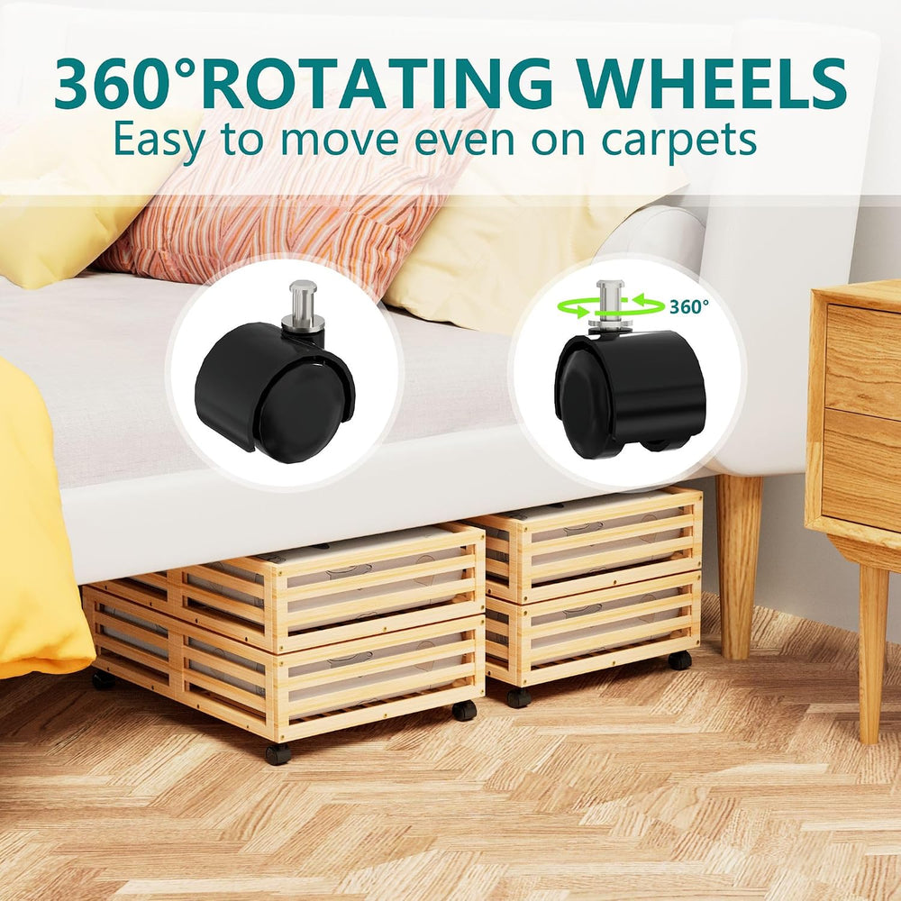 Bamboo Under Bed Storage with Wheels Rolling Underbed Drawer with Lids