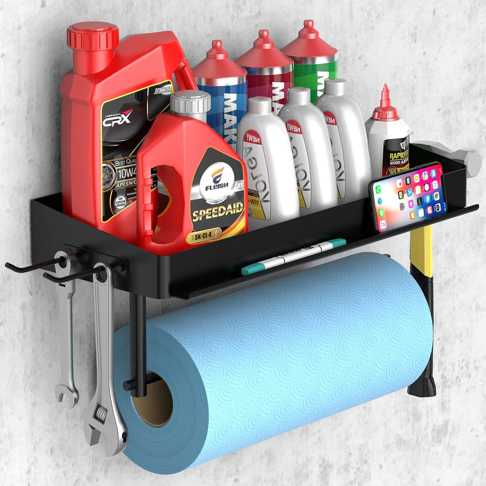 SUNTECH Garage Paper Towel Holder with Shelf, Wall-Mount (Black)