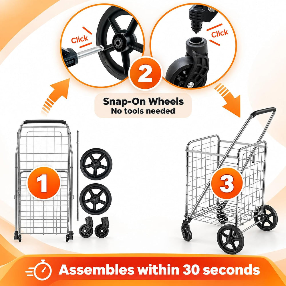 Wellmax Grocery Cart & Folding Shopping Cart with Wheels, 66 lb Max, Medium