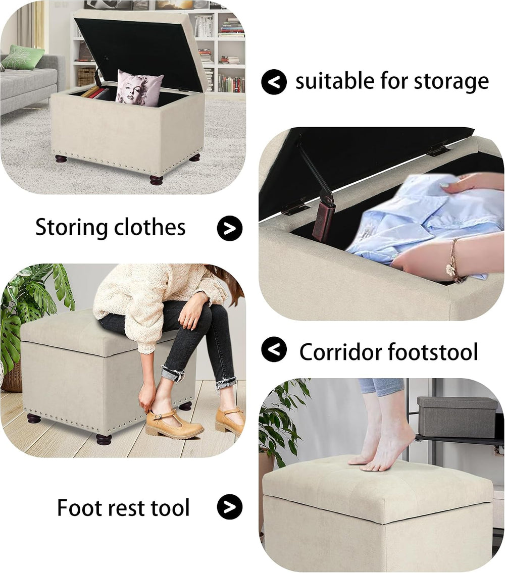 Beige Ottoman with Storage,24" Fabric Ottoman for Living Room