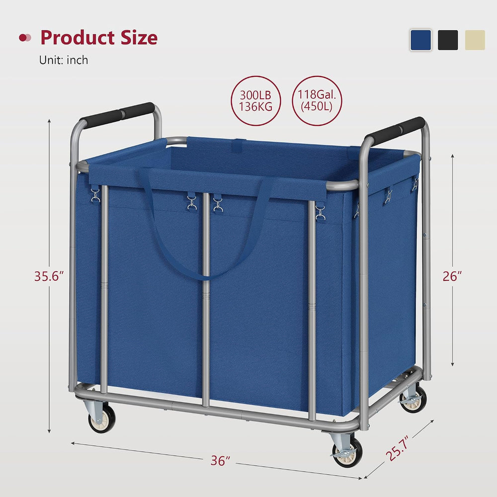 Tajsoon Heavy Duty Laundry Cart with Wheels 450L, Big Laundry Basket, Blue