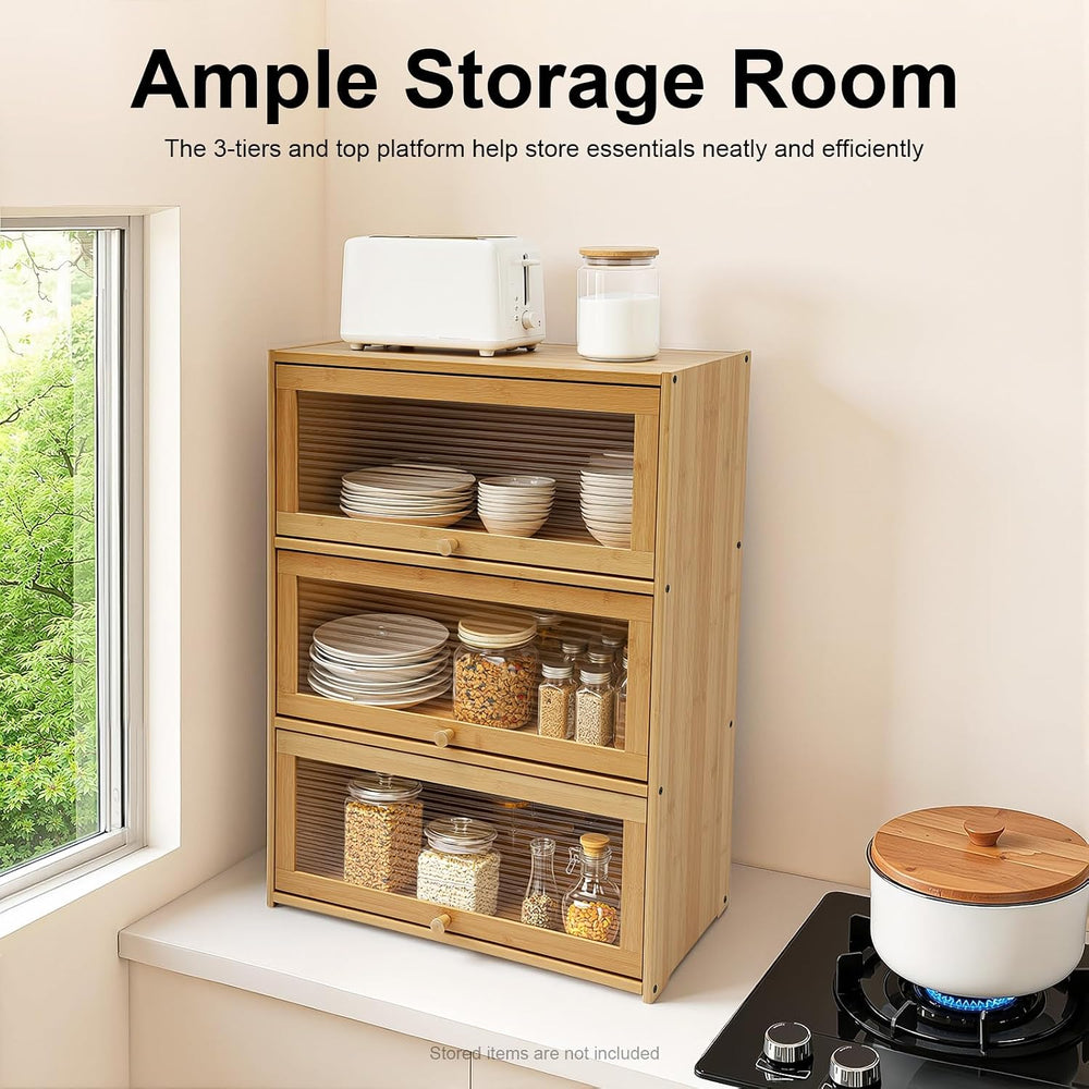 Bamboo Storage Cabinet Kitchen Pantry Sideboard with Acrylic Door Corner Brea...