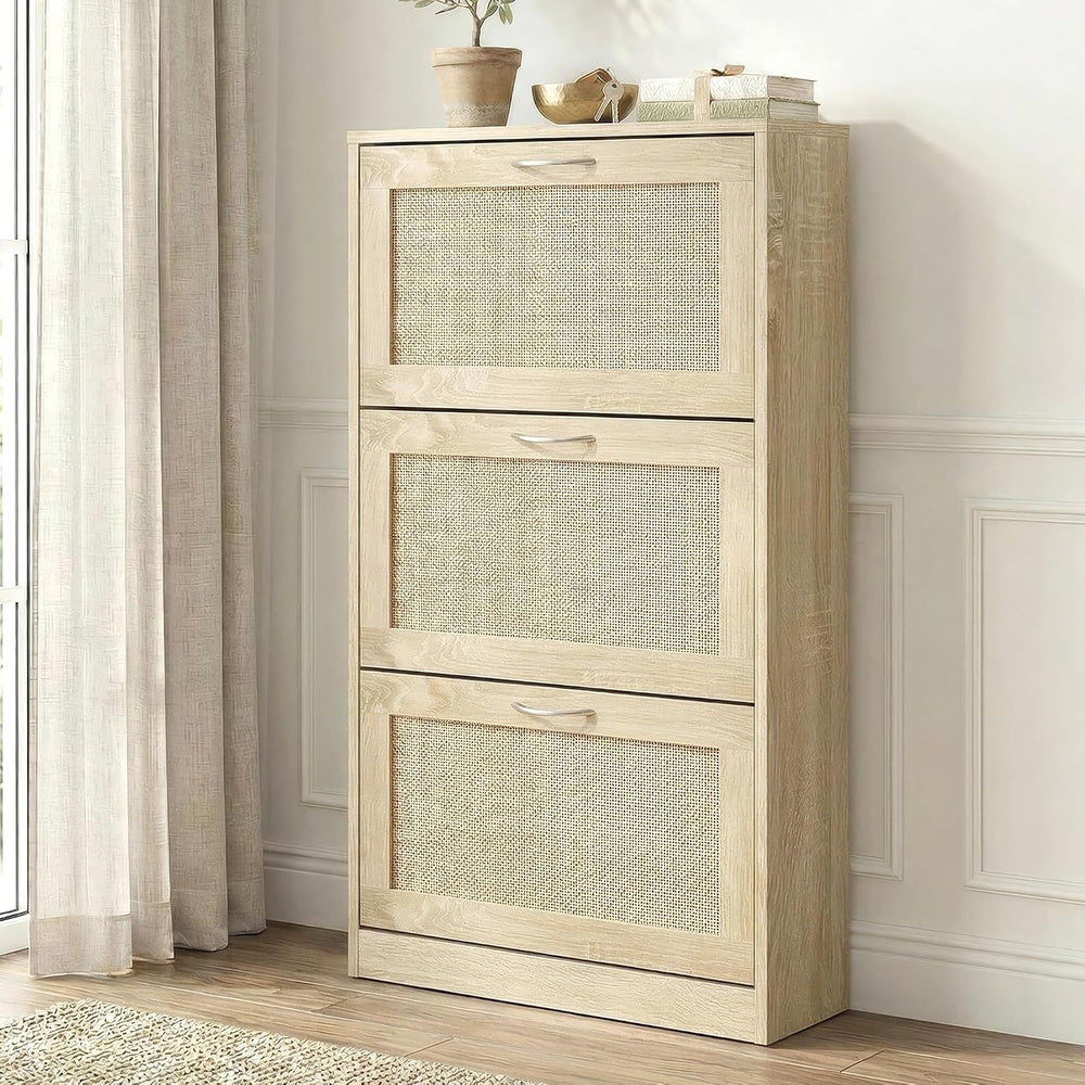 Rattan Shoe Storage Cabinet with 3 Flip Drawers