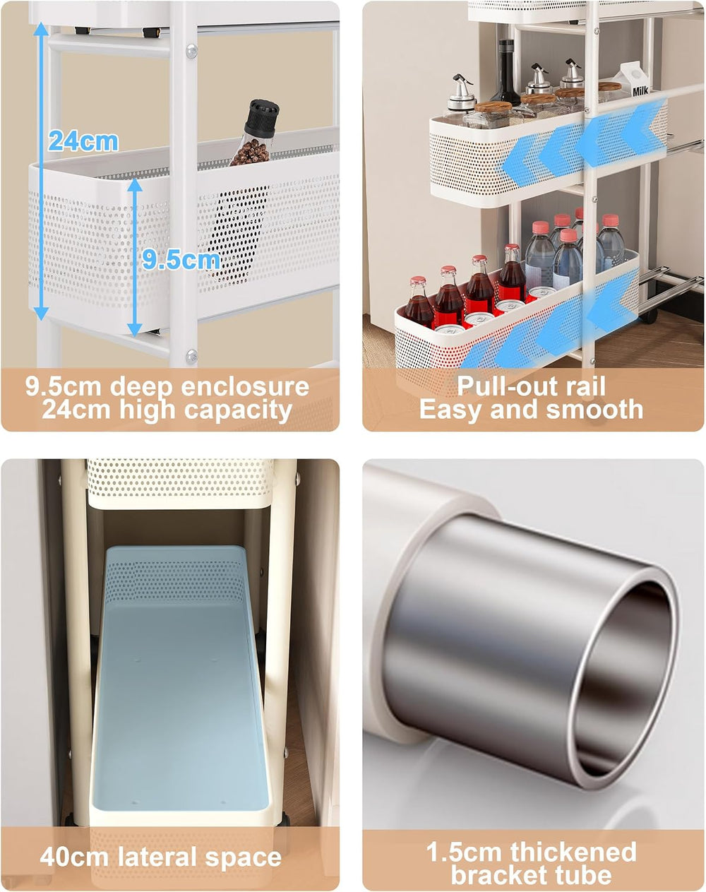 UMDONX 5-Tier Narrow Mobile Storage Cart with Pull-Out Baskets