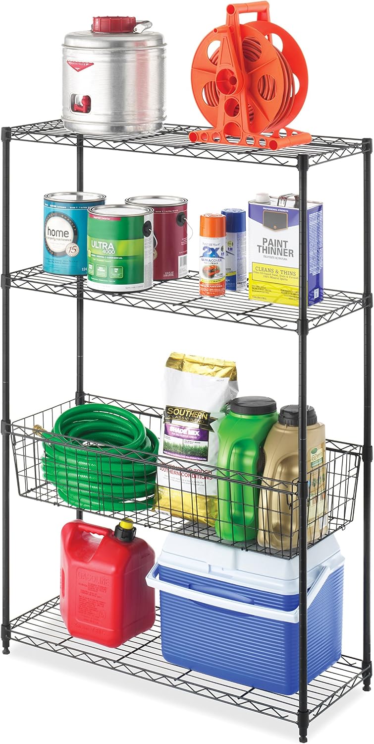 Whitmor 4-Wire Shelving Unit, Metal Storage Shelves with Basket, Easy Assembl...
