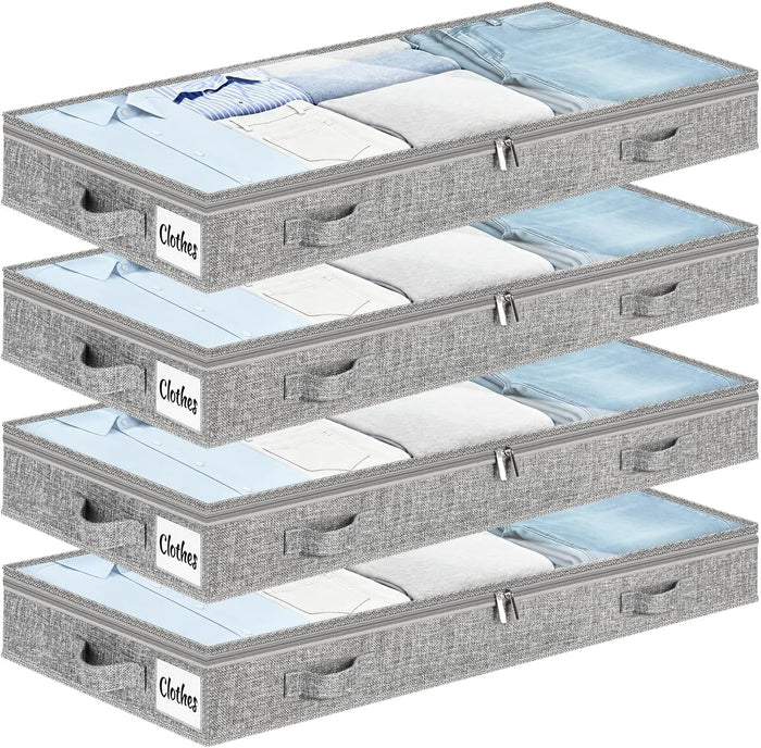 3 Inch Low Profile Under Bed Storage Drawer 4 Pack, Lightweight Underbed Clothes Storage Container Bins With NO STURCTURE, Shallow Storage Bag for Dorm & Home, With Clear Lids & Water-Resistant Fabric