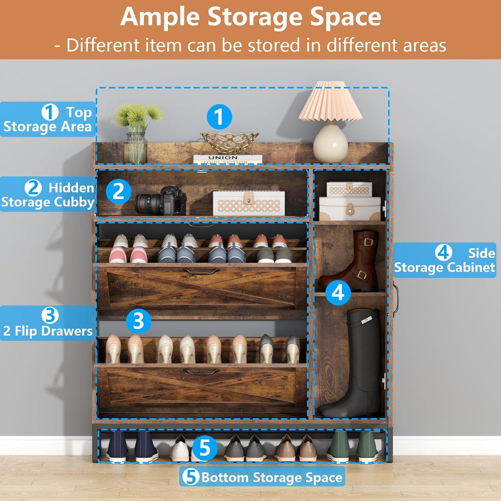 Loomie Farmhouse Flip Drawer Shoe Cabinet, Shoe Organizer with Side Cabinet
