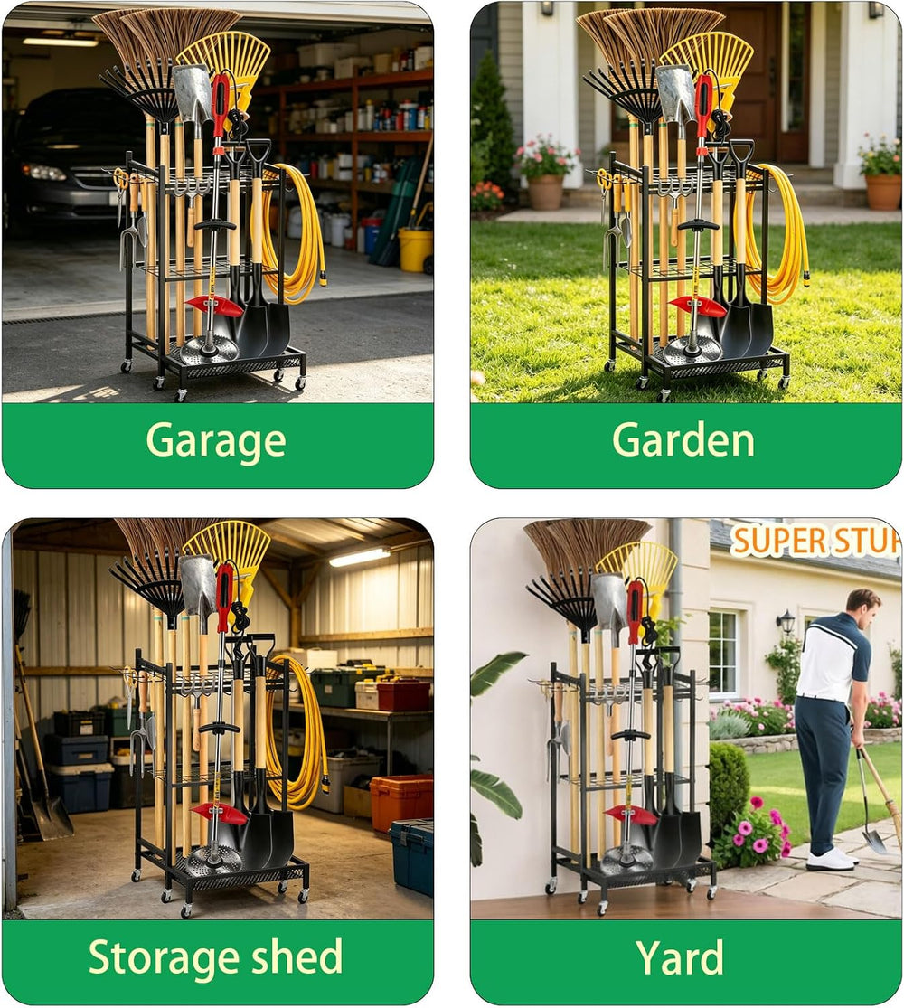 Garden Tool Organizer Rack with Wheels Up to 30-35 Tools, Heavy-Duty Steel Ya...