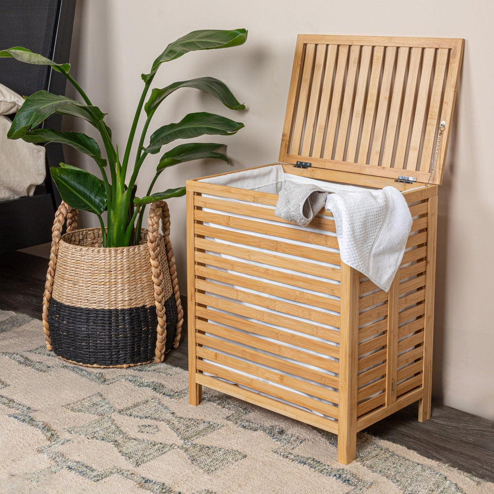 Household Essentials Bamboo Laundry Hamper, Slated Hamper with Natural Cotton...