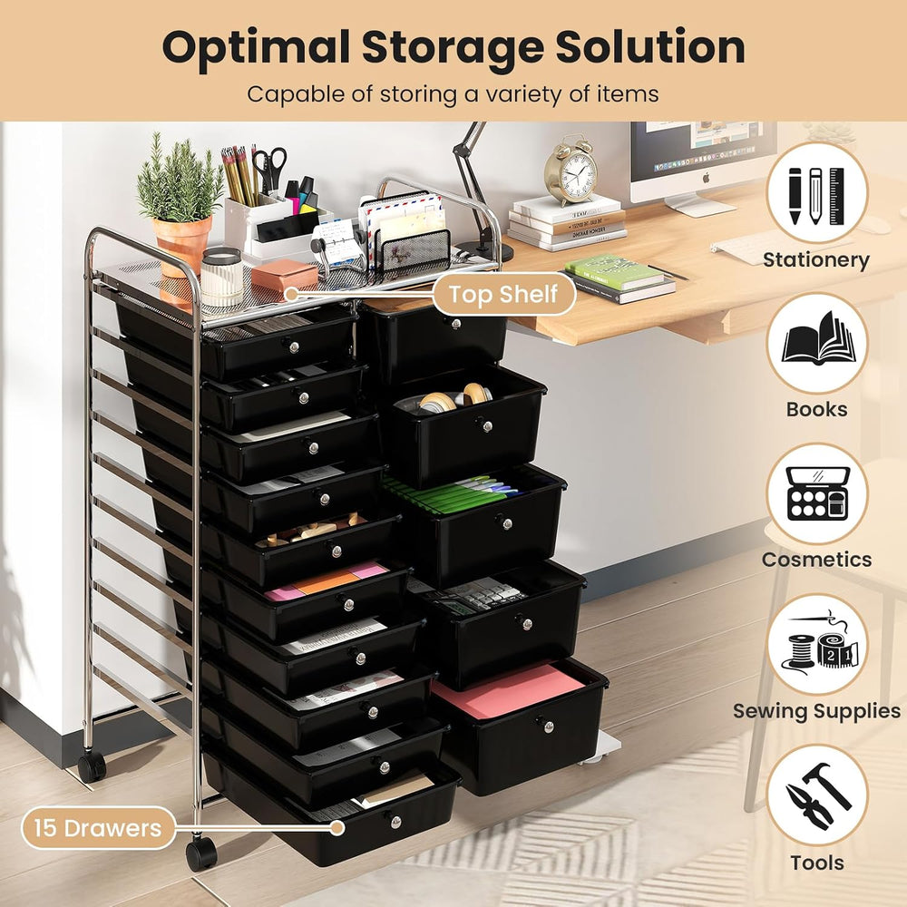 GOFLAME 15-Drawer Rolling Storage Cart, Multifunctional Art Craft Organizer C...