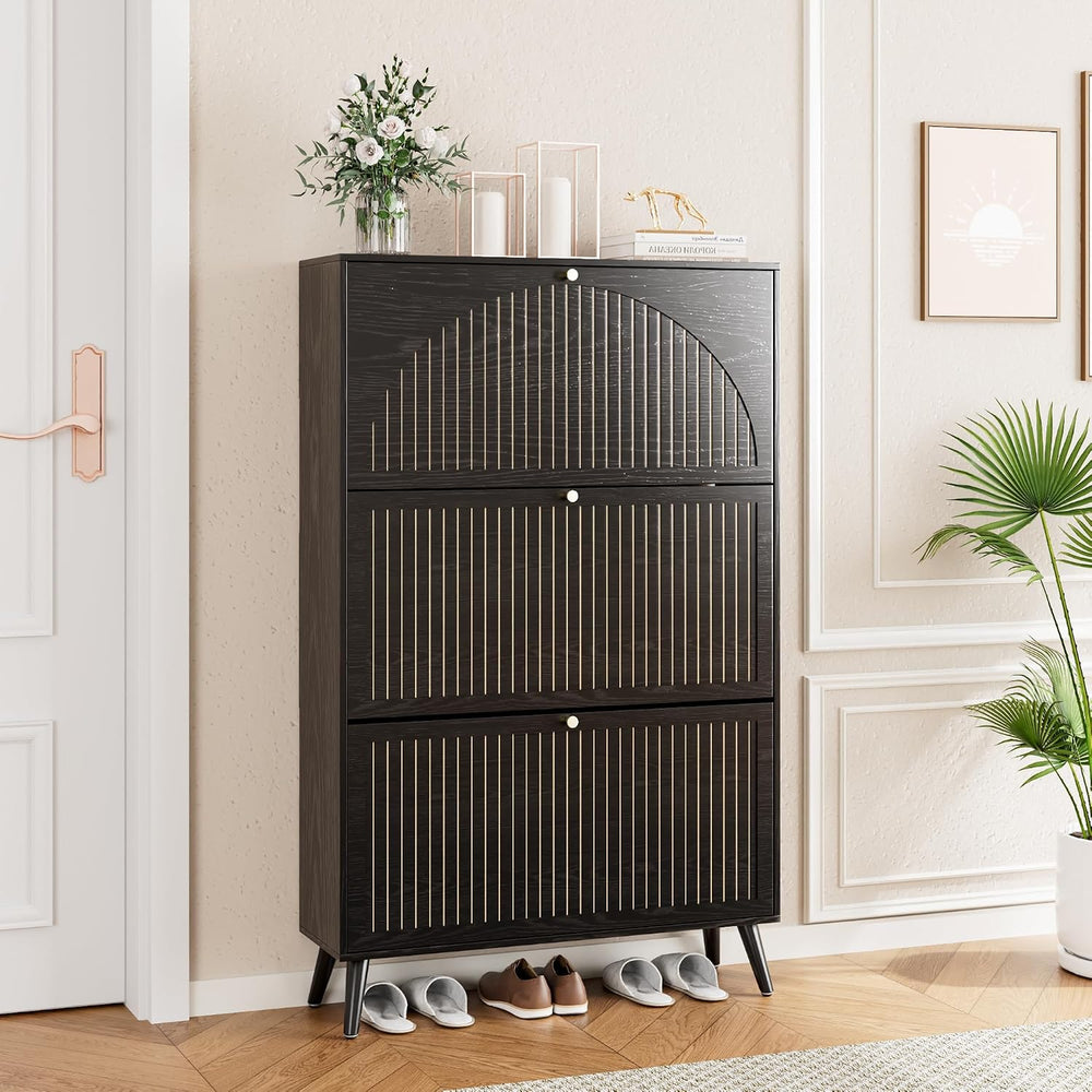 Fsbecl Shoe Storage Cabinet for Entryway with 3 Fluted Flip Drawers, Black
