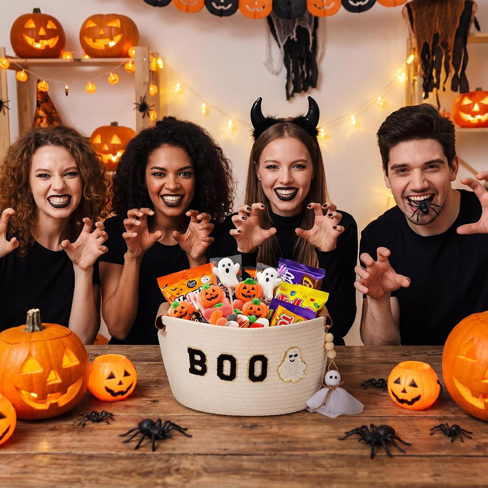 Halloween Woven Rope Basket with Mini Ghost Ornament