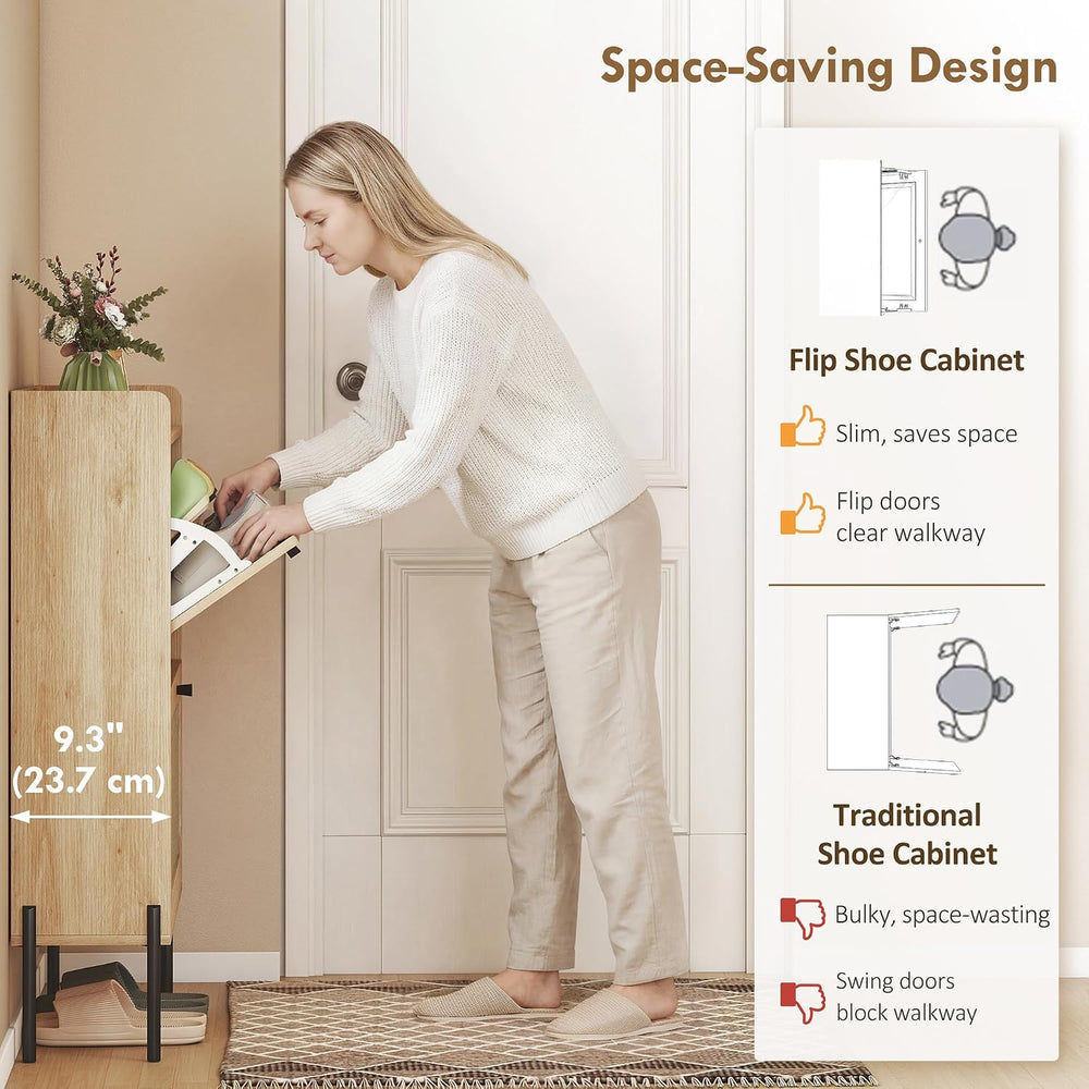 HOMCOM Shoe Cabinet with 2 Flip Drawers and Rattan Doors for Hallway, Oak