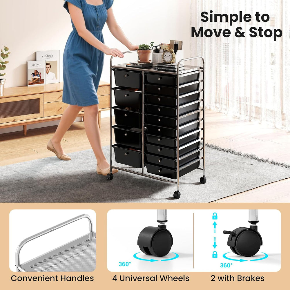 GOFLAME 15-Drawer Rolling Storage Cart, Multifunctional Art Craft Organizer C...
