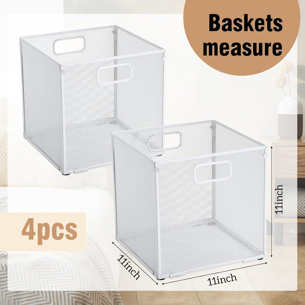 4 Pcs Foldable Metal Cube Storage Bins 11 x 11 Inch, White
