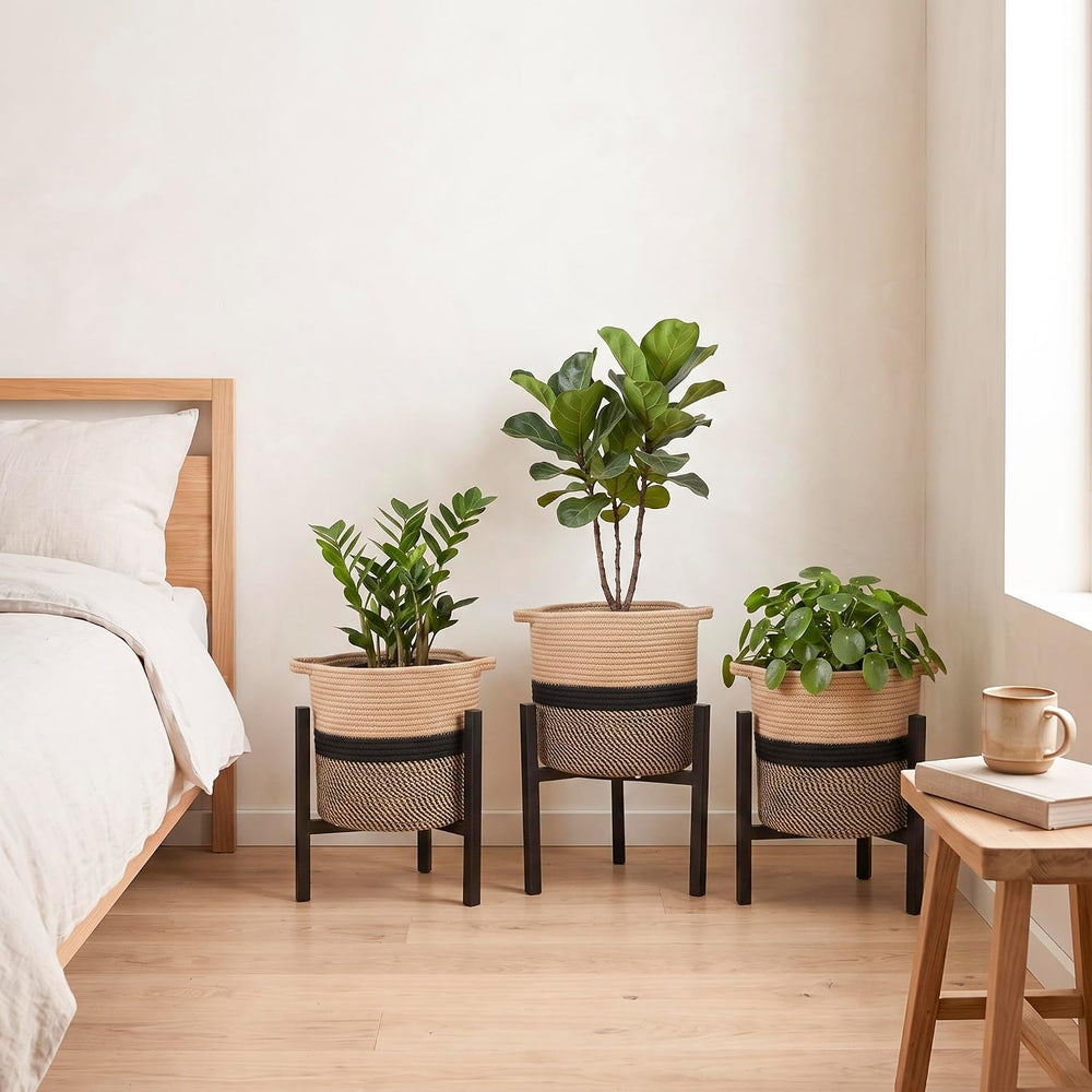3 Pack Metal Plant Stands with Rope Baskets, Stylish, Boho
