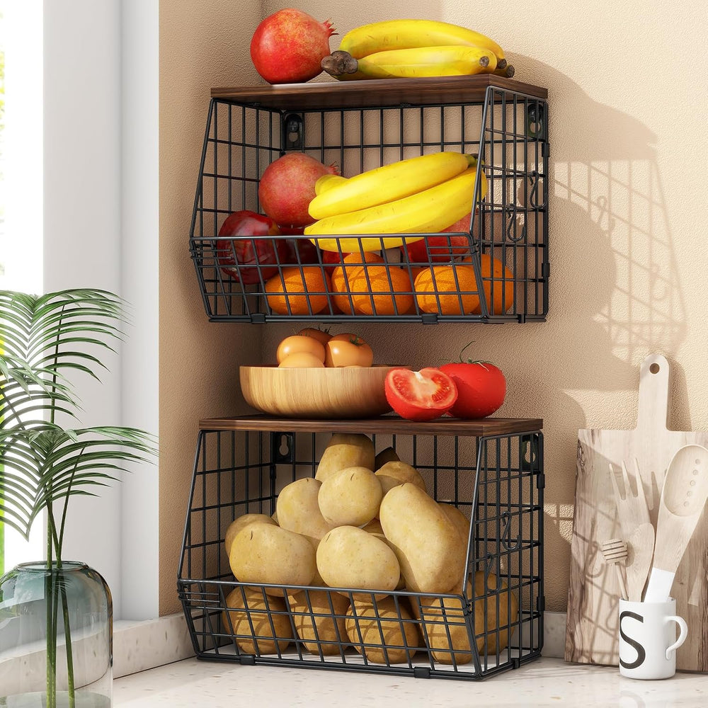 Mefirt 2pcs Fruit Basket Kitchen Storage Basket with Wood Lid