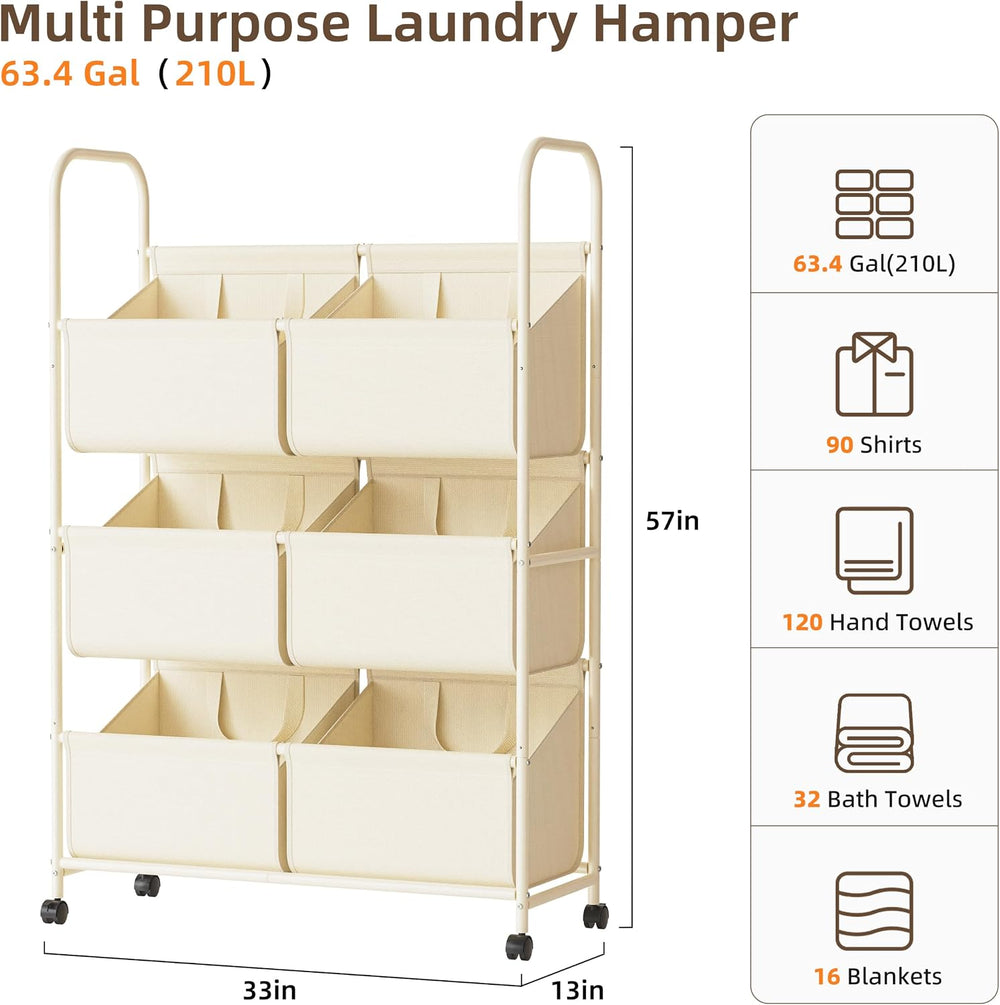 3-Tier Double Column Vertical Rolling Laundry Hamper,6 Removable Bags
