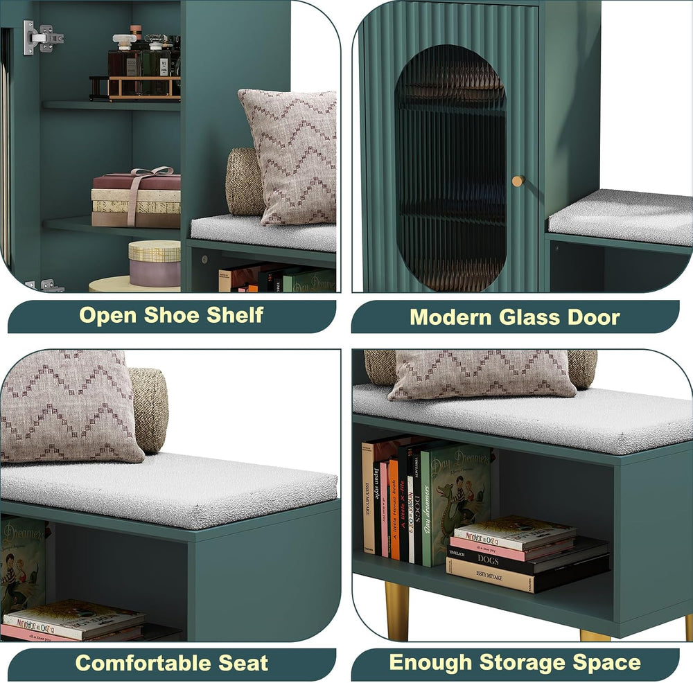 HLR Storage Bench Set of 2, Green Modern Entryway Shoe Cabinet Bench with Gla...