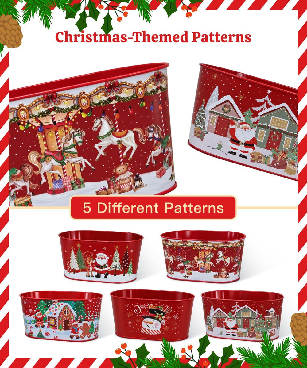Putuo Decor 5 Pack Christmas Metal Tin Buckets Holiday Storage Decor