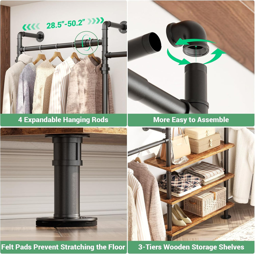 Aheaplus Industrial Corner Pipe Clothing Rack, 7.3-10.9Ft Closet System
