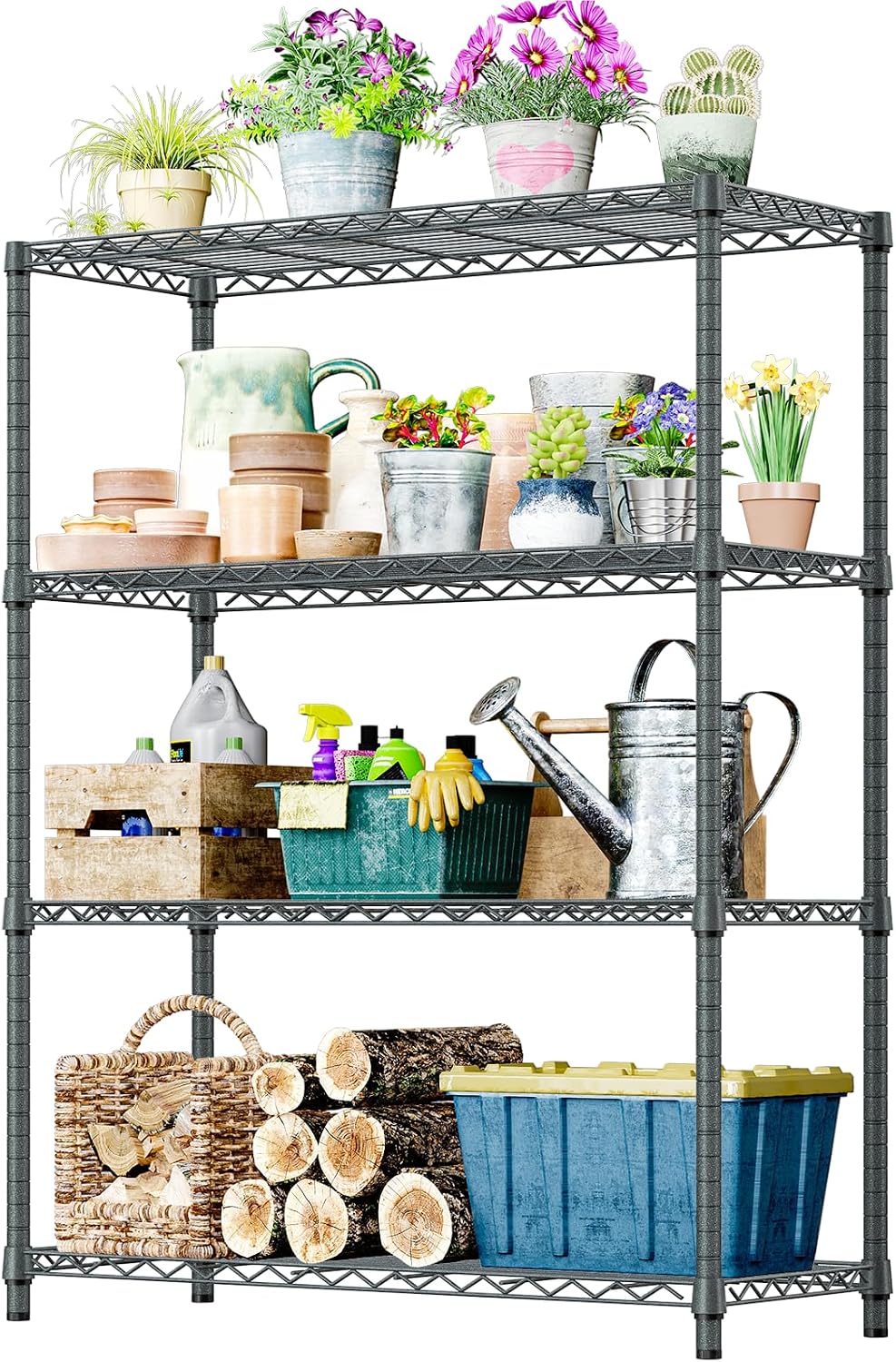 IZEUK Outdoor Metal Storage Shelving Unit, 4-Tier Heavy Duty Wire Rack Organi...
